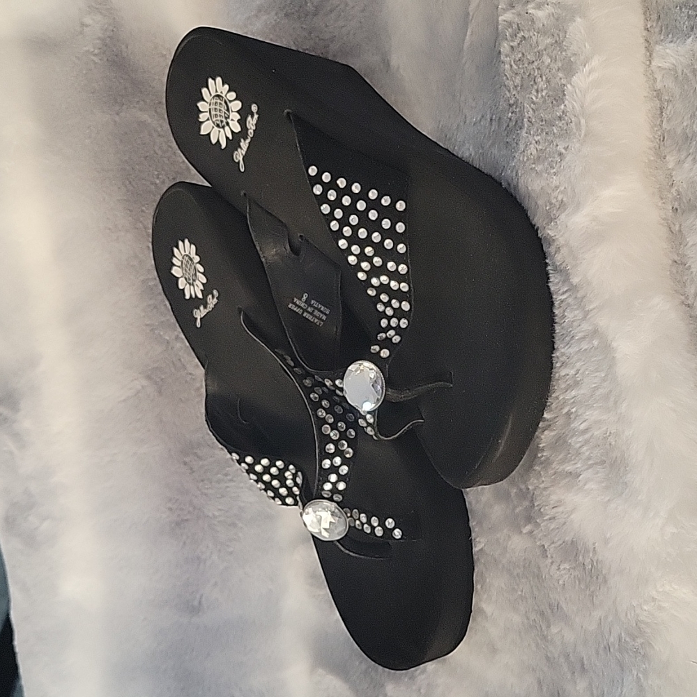 Yellow Box Black Suede Wedge Sandals with Ultra Bling Size 8